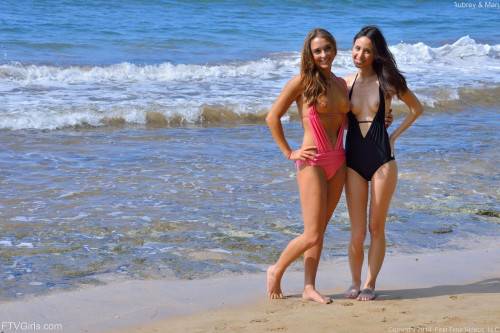Seducing Lesbians Aubrey FTV And Mary Are Willing To Lose Off Their Bikinis At The Sea on nudepicso.com