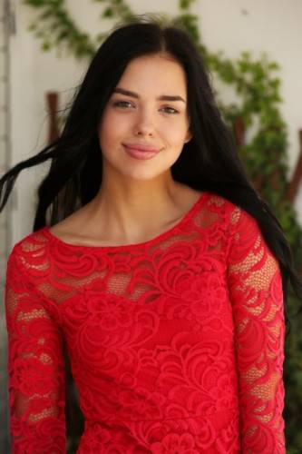 Raven-haired teen with hot lips Venice Lei strips her lace dress & poses naked on nudepicso.com