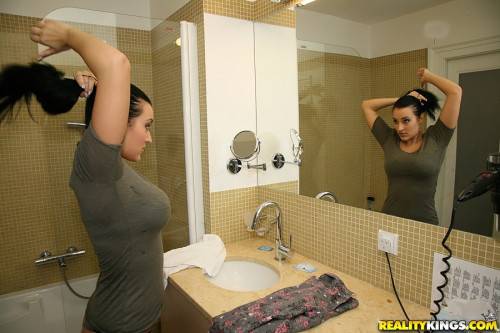 Excellent czech dark-haired Carmen Croft baring big titties and jerking off in shower - Czech Republic on nudepicso.com