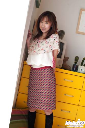Slim japanese teen Anna Suzukaze in nice skirt showing tiny tits and spreading her legs - Japan on nudepicso.com