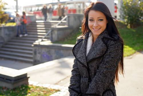 Smiling Brunette Girl Stracy Stone In Skirt And Coat Flashes Her Sexy Tits In Public Places on nudepicso.com