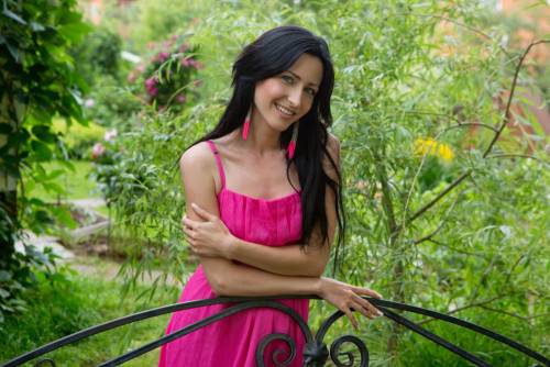 Precious Brunette With Long Hair Janelle B Smoothly Sliding Off Her Pink Dress And Poses Nude On The Bench on nudepicso.com
