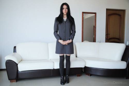 Foxy dark hair teen Eilona in sexy skirt loves foot fetish on nudepicso.com