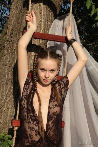 Very attractive youthful Milena D in sexy lingery uncovers small tits and hairy pussy outdoor on nudepicso.com