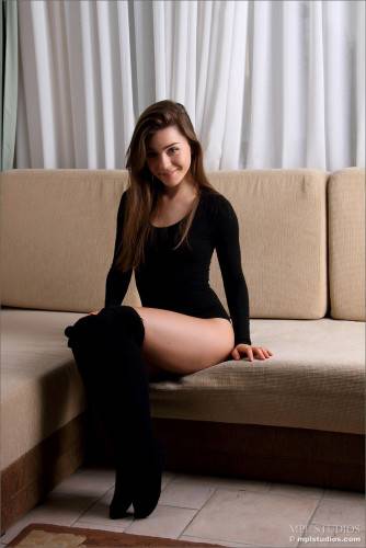 Lily C Showed Up In Sexy Black Stockings And Blouse And Then Undressed And Spread Legs To Show Her Tight Twat on nudepicso.com